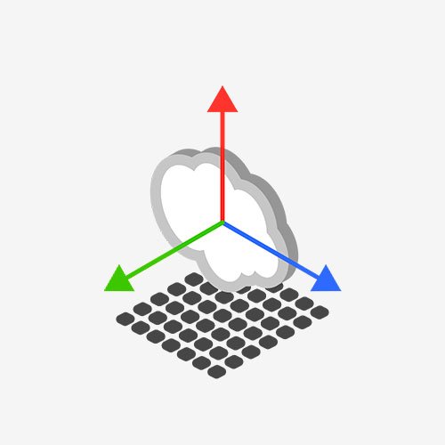 Illustration de la modélisation 3D avec les trois axes et le logo en forme de nuage