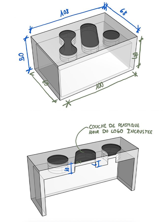Dessin technique coté d'un moule rectangulaire, avec vues en perspective et en coupe